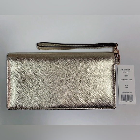Tory Burch Emerson Women Gold Leather Slim Envelope Wristlet Wallet - Picture 2 of 8